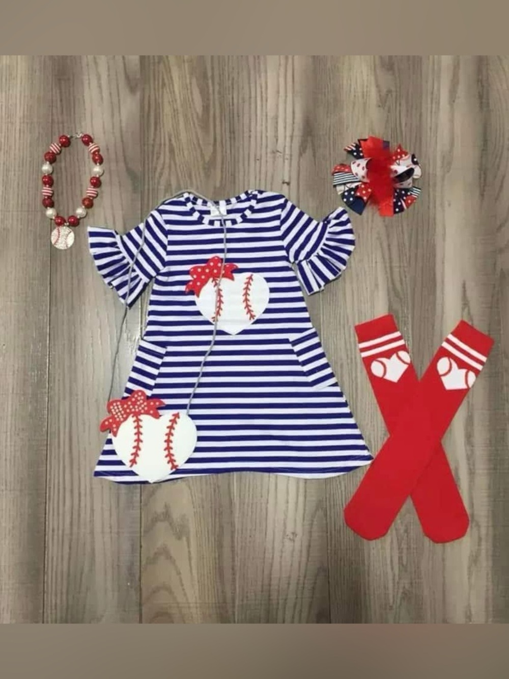 Girl’s Boutique Navy Stripe Baseball Applique Dress with Socks and accessories.